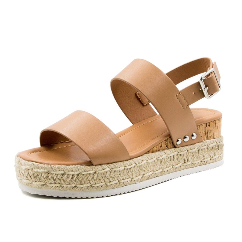 Athlefit Women's Espadrilles Platform Wedge Sandals Casual Open Toe Ankle Strap Buckle Summer Sandals, Khaki, Size 9.5, AD00502 - Image 1